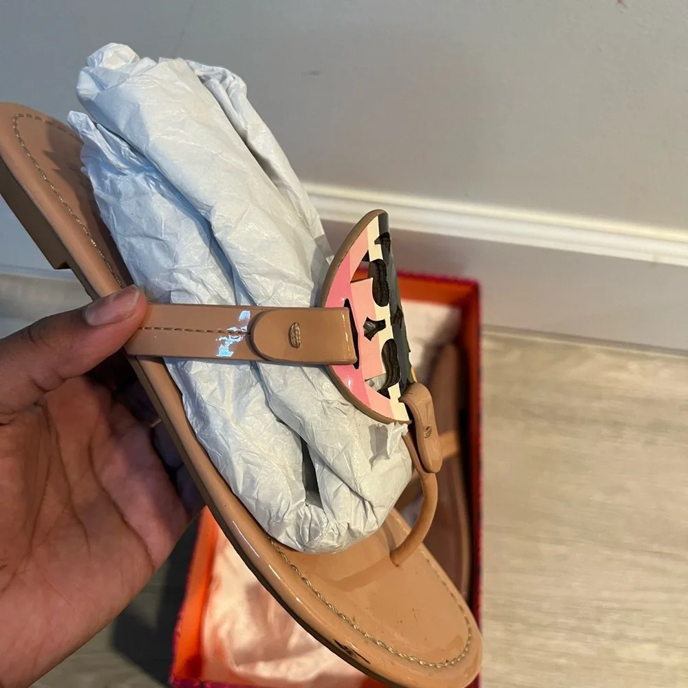 Tory Burch Nude Thong Sandal with Pink, Green, Yellow & Black Logo - Picture 3 of 5